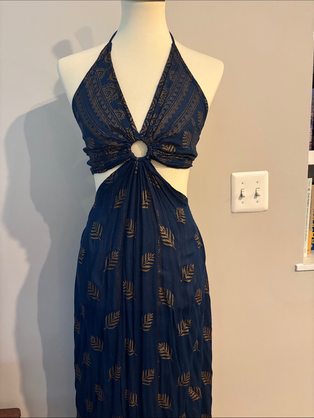 Navy Halter Maxi Dress with Gold Leaf Print